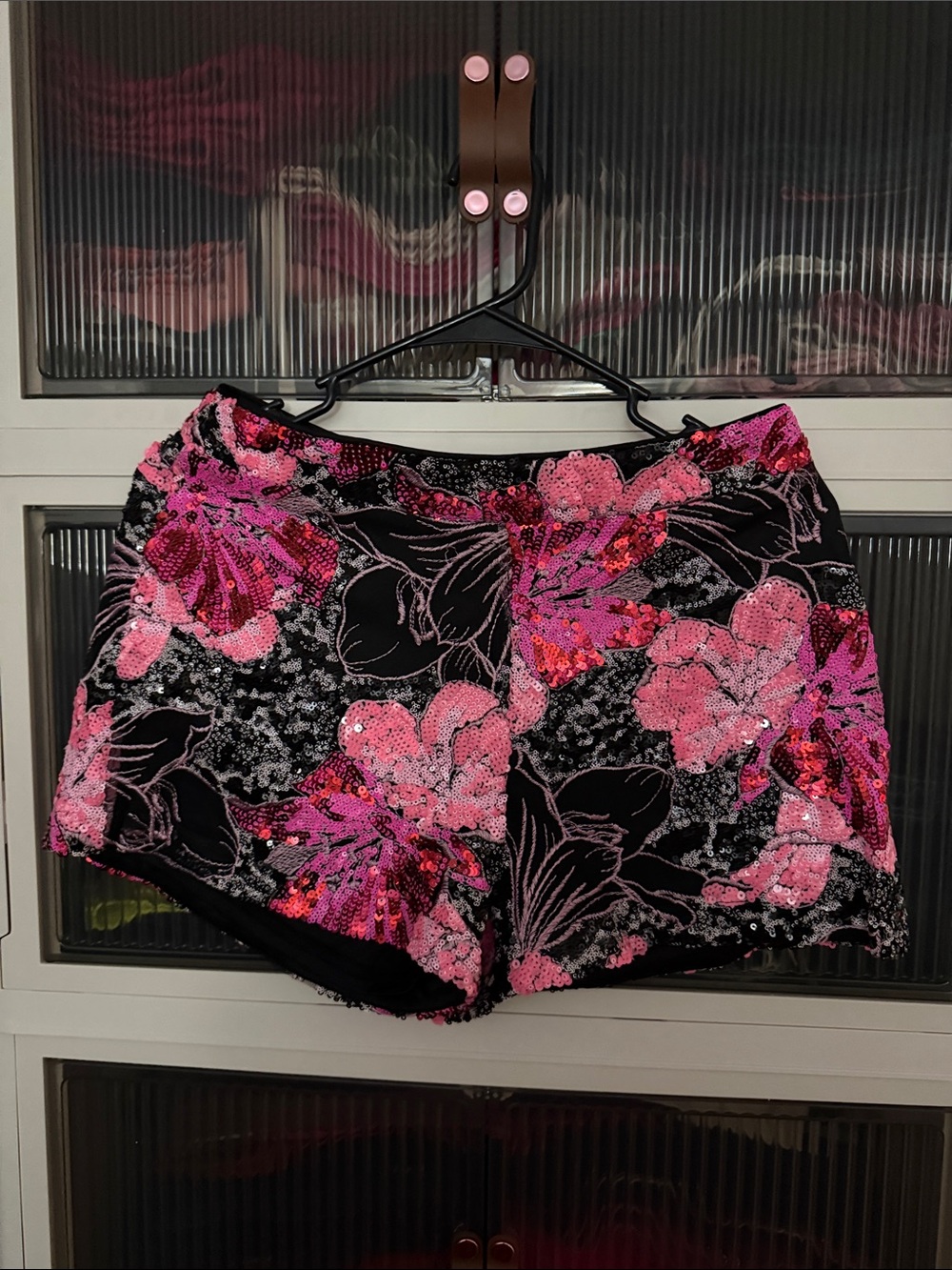 Vici Black & Pink Sequin Floral High-Waist Shorts